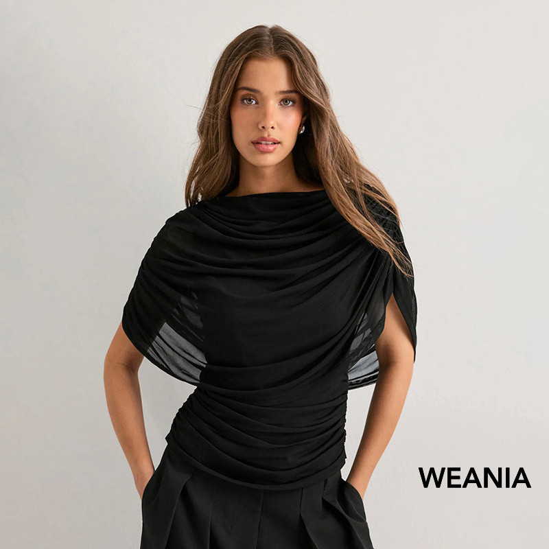 WEANIA New Sleeveless Scarf Collar Draped Pleated Top