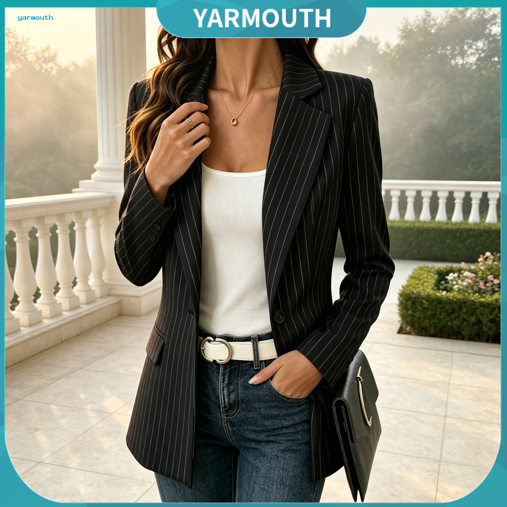 Wrinkle Resistant Jacket Office Blazer Women’s Striped One Button Business Breathable Long Sleeve Notch Lapel Coat for