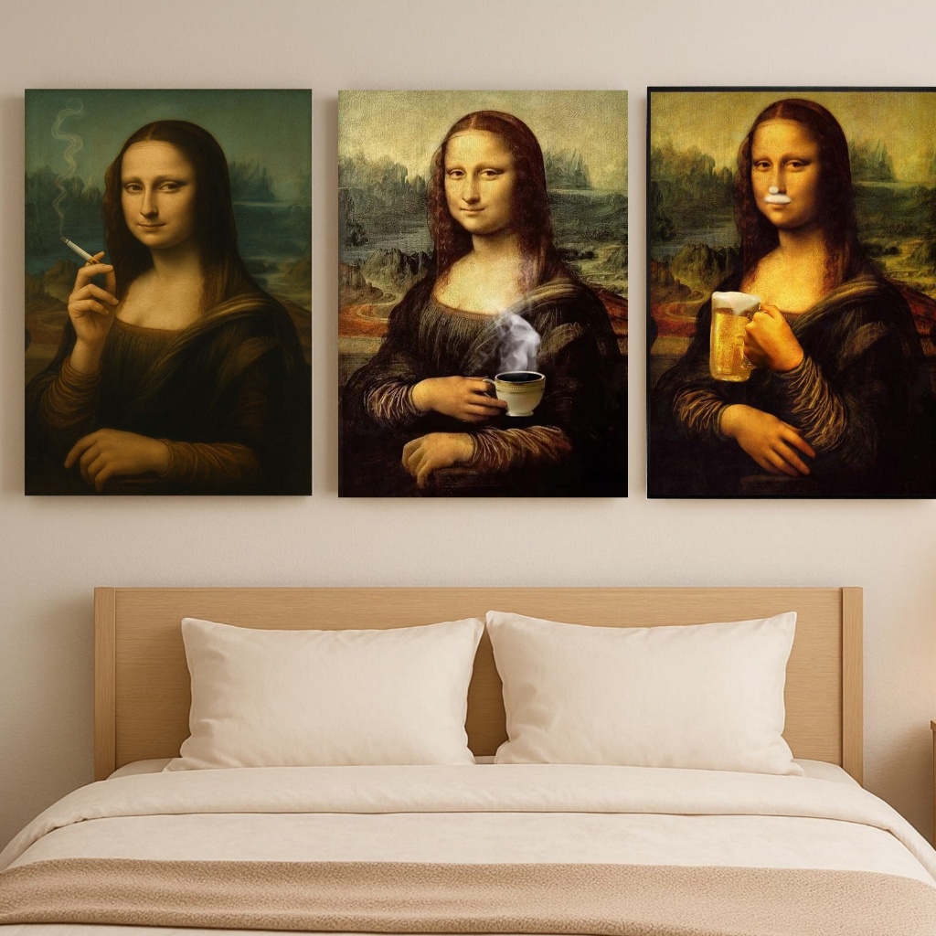 KIT 3 Quadros Decorativos Mona Lisa Moderninha Fumando Tomando Cerveja e Café | MDF 20x28 | Dupla Face Forte pop arte