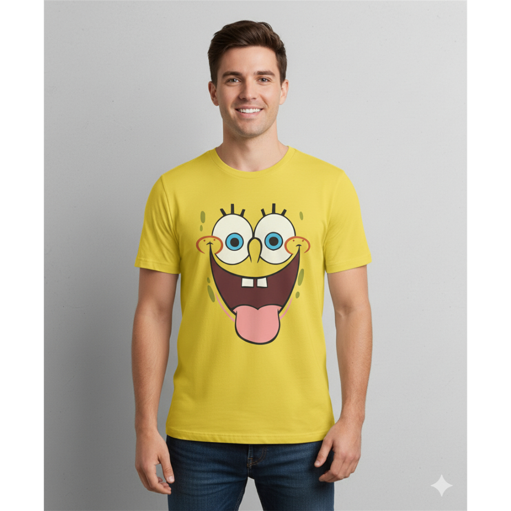 Camiseta Bob Esponja Amarela - Rosto Meme Funny  | Desenho Animado Personagem