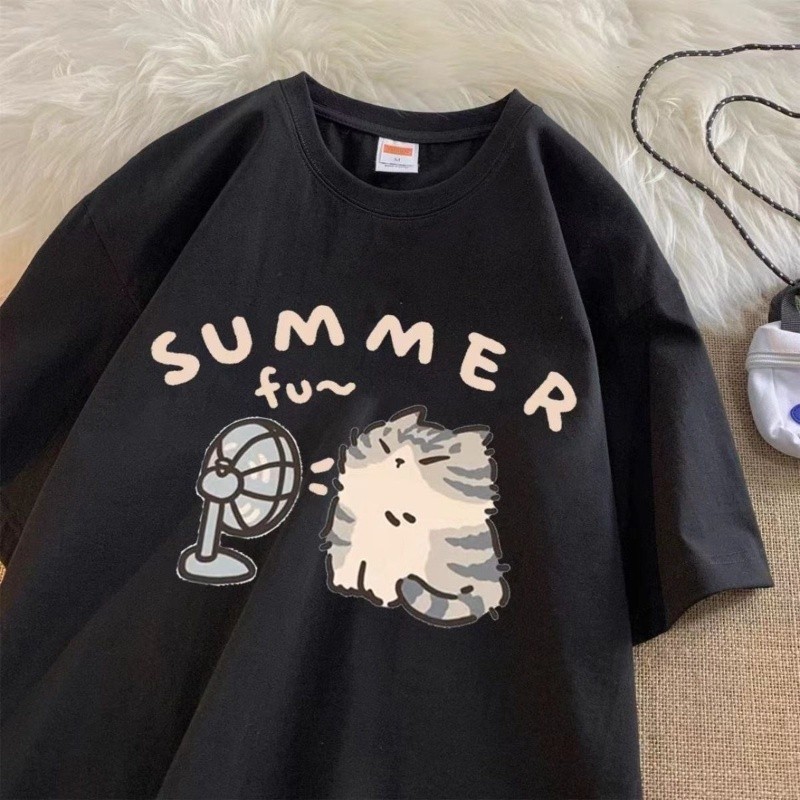 Camiseta Básica Algodão Unissex Summer Funny Cat Kawaii
