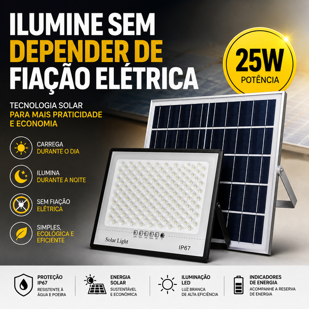 Luminária Solar LED 25W Estrela Cadente IP67 Luz Branca para Área Externa