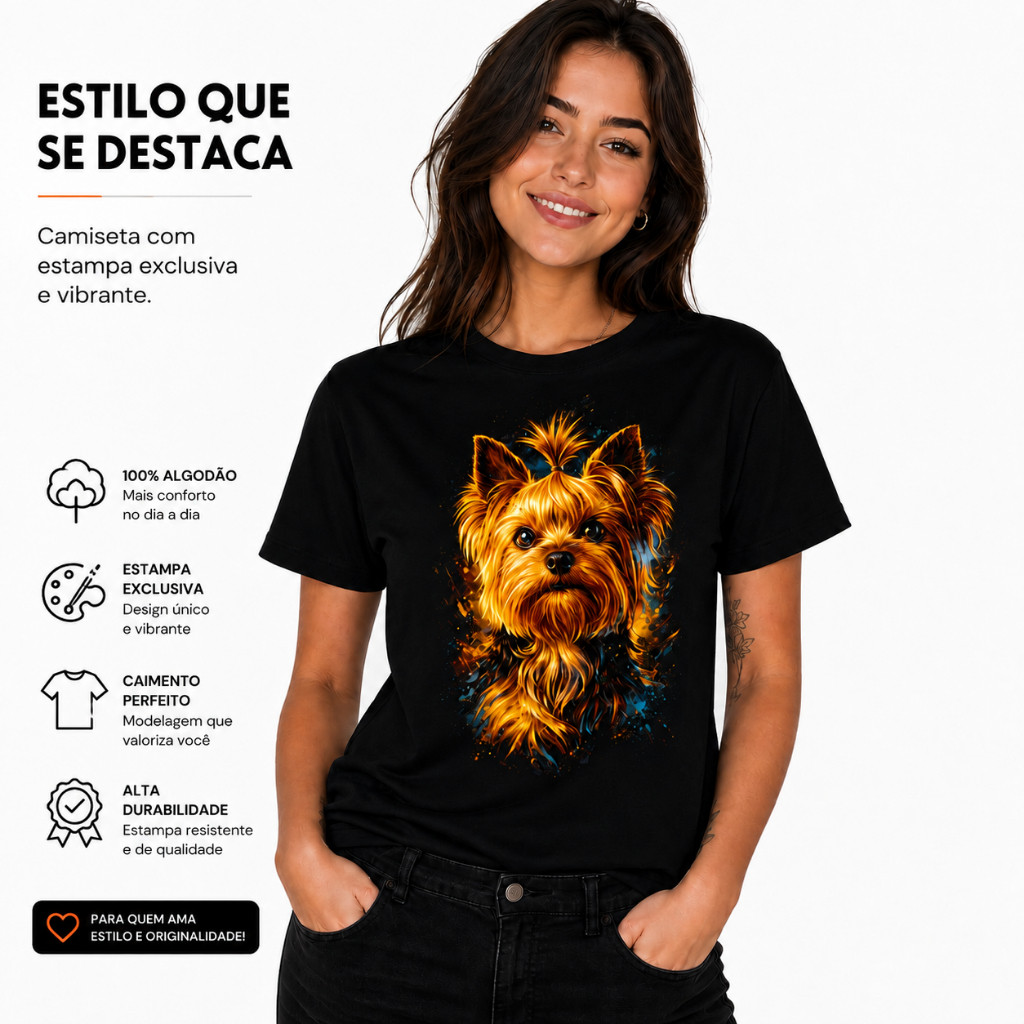 Camiseta PET Yorkshire Terrier Estampa Artística Colorida Unissex 100% Algodão Casual Confortável