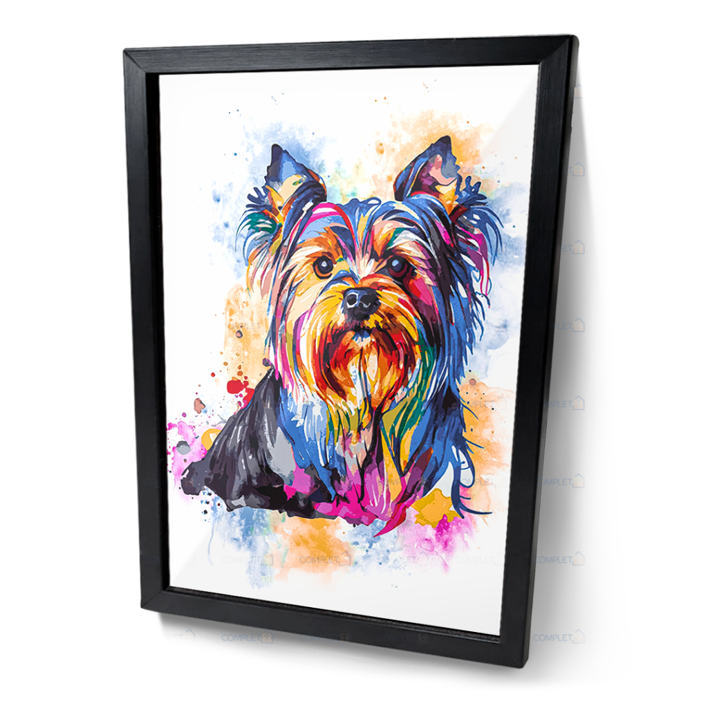 Quadro Yorkshire Terrier Colorido Aquarela Moldura e Vidro