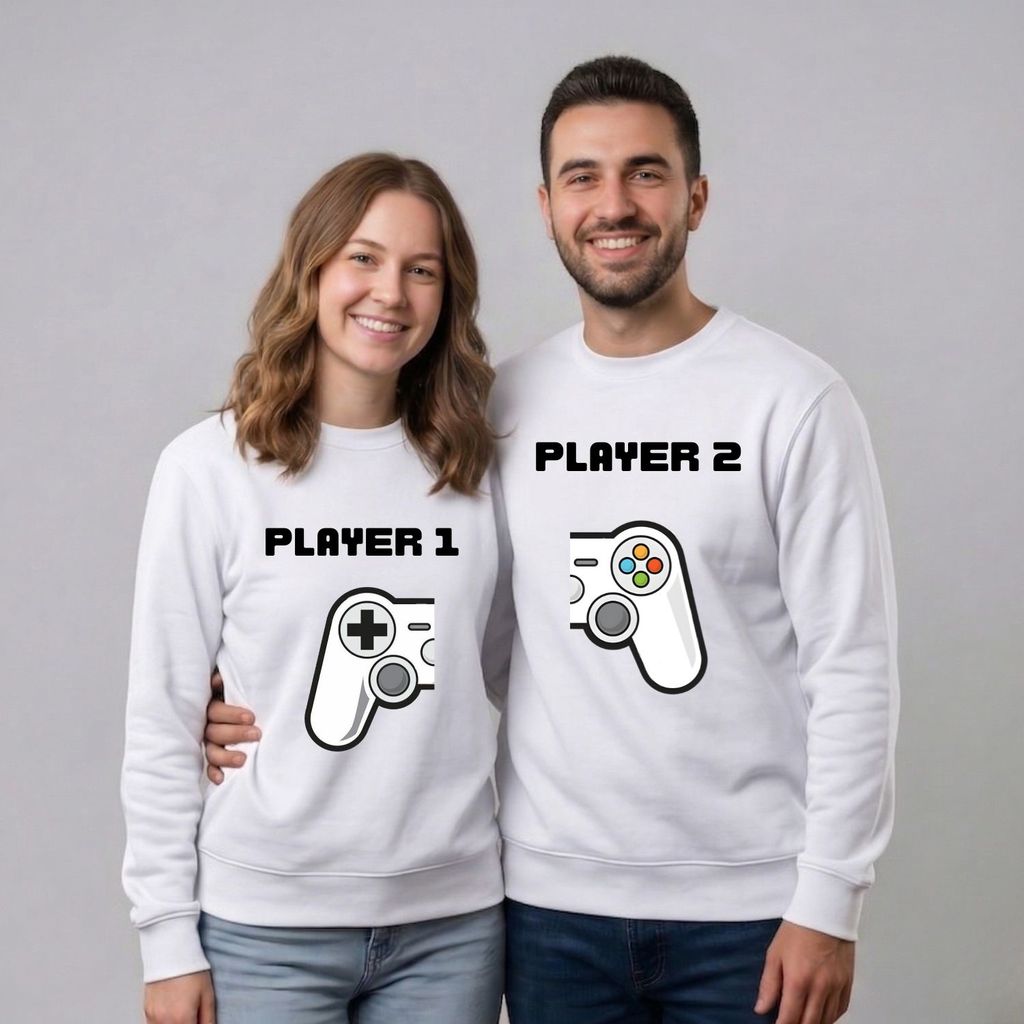 Kit2 Moletom Gola Careca casal gamer player 1 e player 2  Blusa de Frio Geek Presente dia namorados Videogame Premium