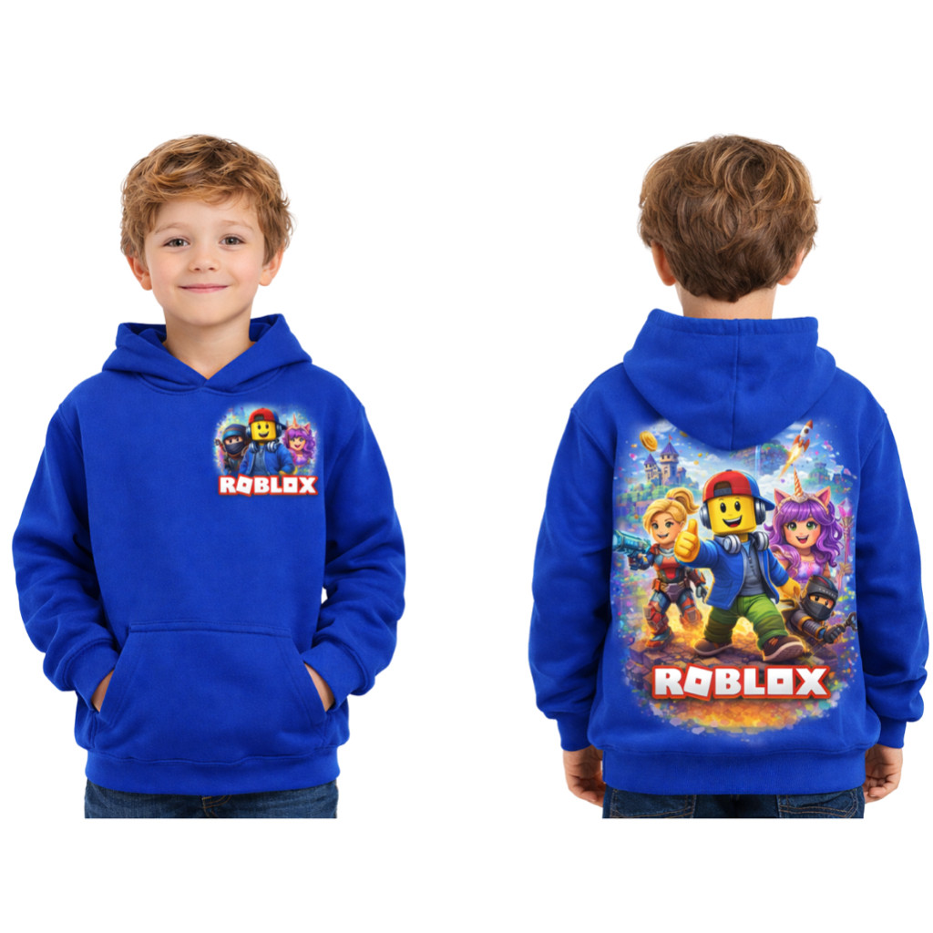 Moletom Infantil Roblox Menino com Estampa Grande nas Costas – Hoodie Kids Gamer Azul Royal e Preto –