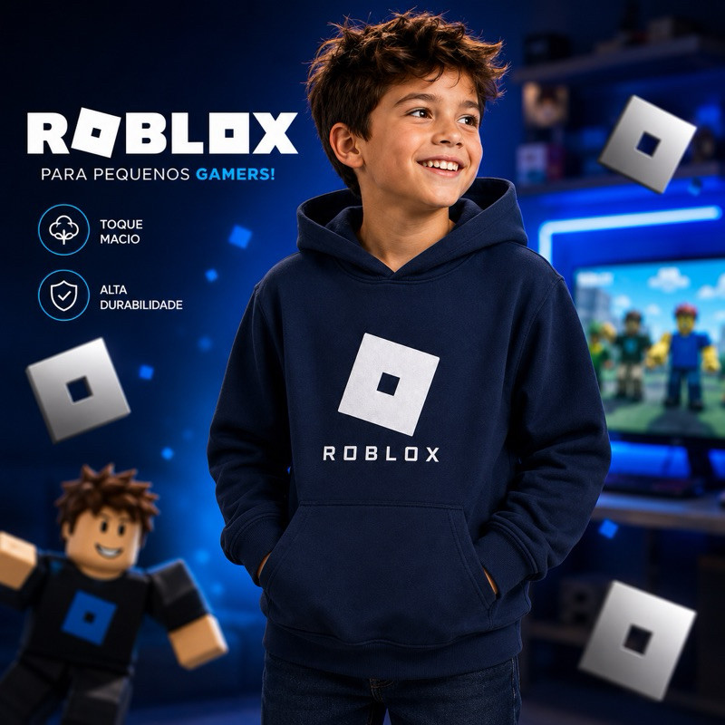 Moletom Infantil Roblox Com Capuz Flanelado Menino Menina Gamer Blusão Canguru Inverno Azul Marinho Premium