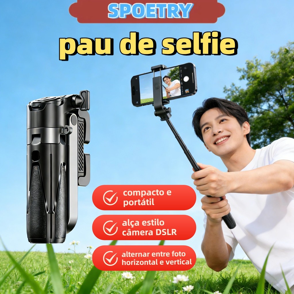 Pau de selfie 3 em 1 Suporte de celular sem fio para transmissões ao vivo com tripé extensível e mini controle remoto