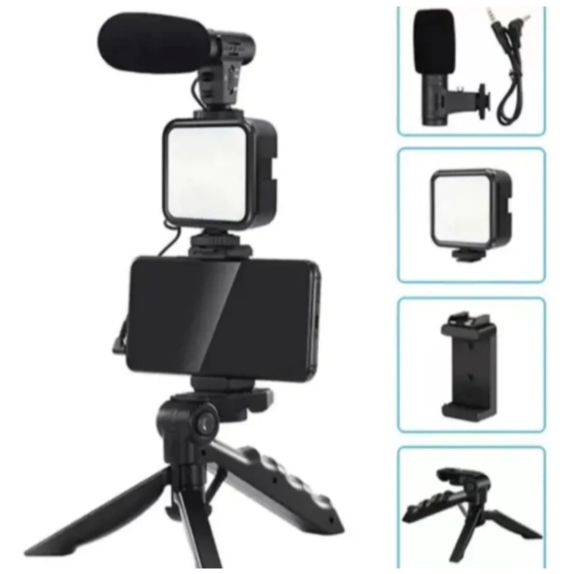 Kit De Gravação 5 em1 Vídeo Tripé Led Suporte de Selfie Controle Bluetooth Microfone P2 Para Celular