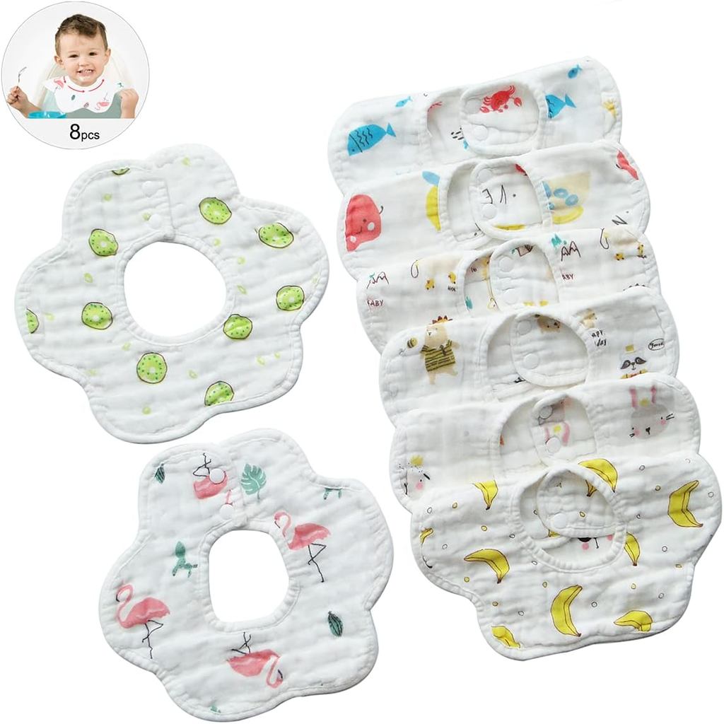 Baby Bibs 8pcs 360​​° Rotate Soft Anti-Stain Odor-resistant Unisex Feeding Drooling Teething Neck Petal Bibs, 100% Cotto