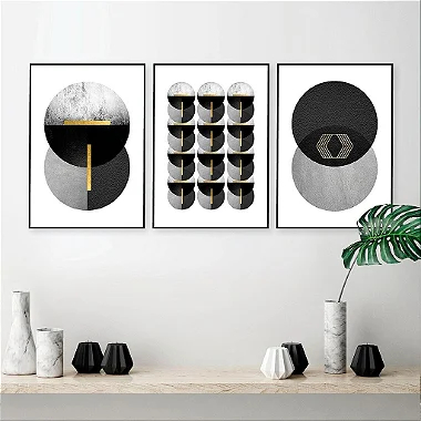 Kit 3 Quadros Decorativos Placas Grey Gold Black Art 40x60