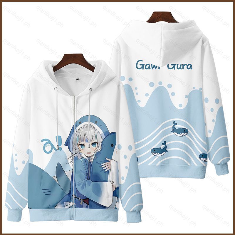 QL1 Hololive Gawr Gura Jaqueta Unissex Top Manga Comprida Casaco Com Zíper Moda Casual Solta Outerwear Plus Size