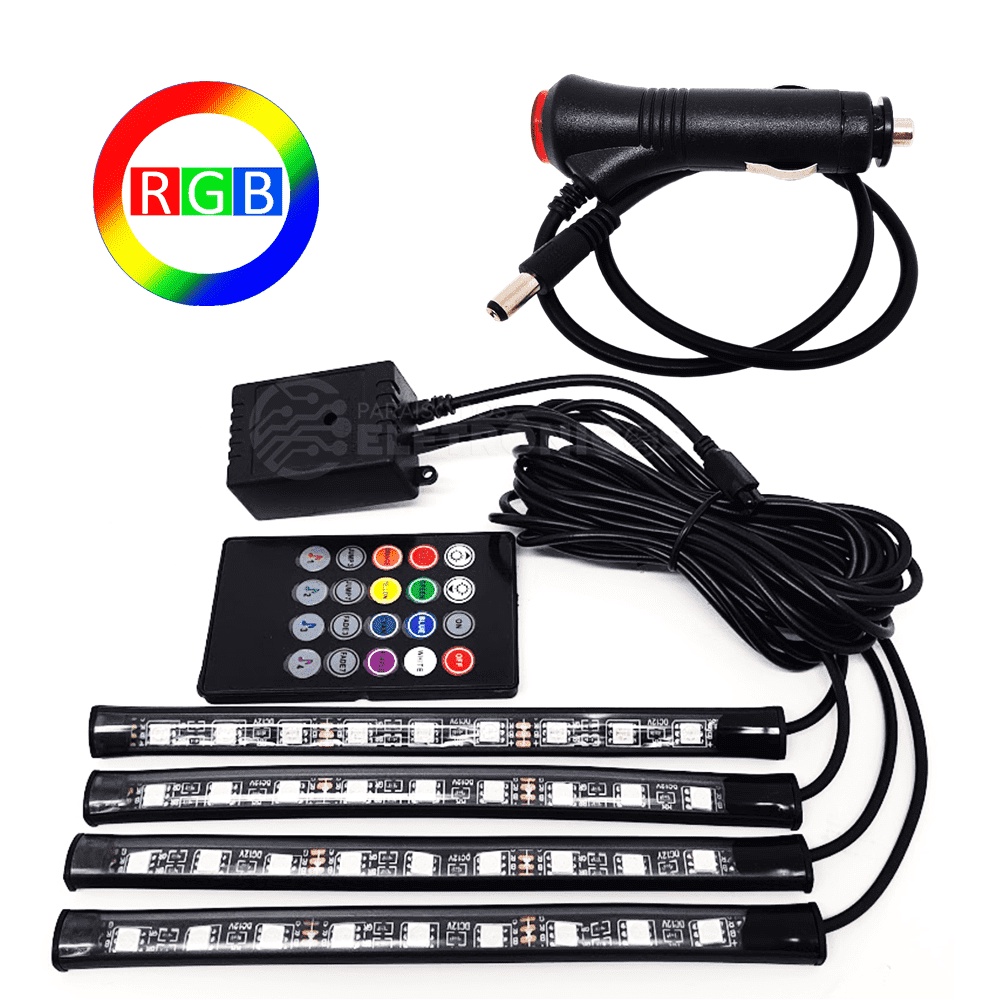 Kit Tira Barra De LED Iluminação RGB Para Carro Com Controle E Sensor Rítmico LEDVLX