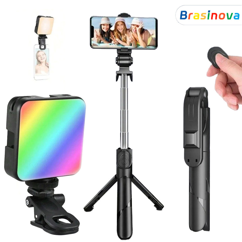 Kit Palo Selfie Bluetooth + Luz Multicolorida, Portátil Plegável, Compatível com Celular/Câmera