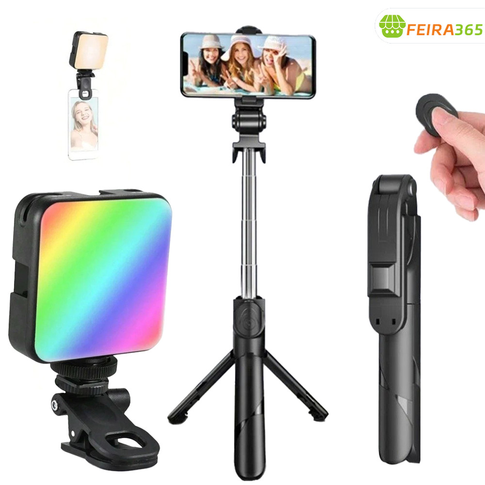 Kit Palo Selfie Bluetooth + Luz Multicolorida, Portátil Plegável, Compatível com Celular/Câmera