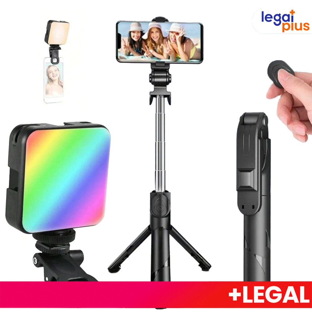 Kit Palo Selfie Bluetooth + Luz Multicolorida, Portátil Plegável, Compatível com Celular/Câmera
