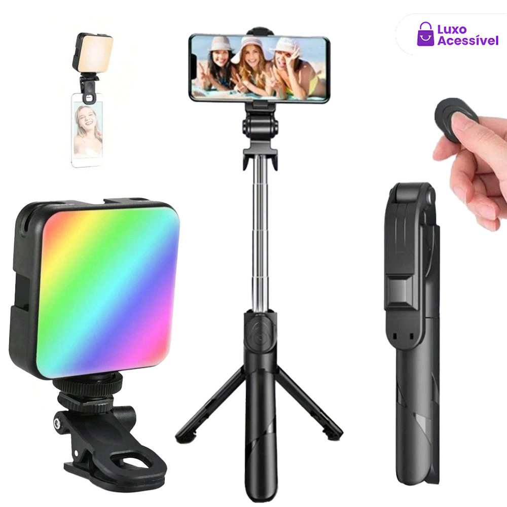 Kit Palo Selfie Bluetooth + Luz Multicolorida, Portátil Plegável, Compatível com Celular/Câmera