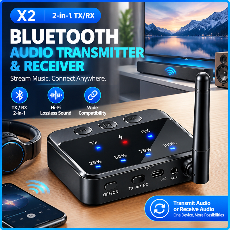 X2 Bluetooth 6.0 Receptor Transmissor AptX-Adaptador 25 %-100 Display De Energia 3.5mm AUX RCA Jack De Áudio Sem Fio Par