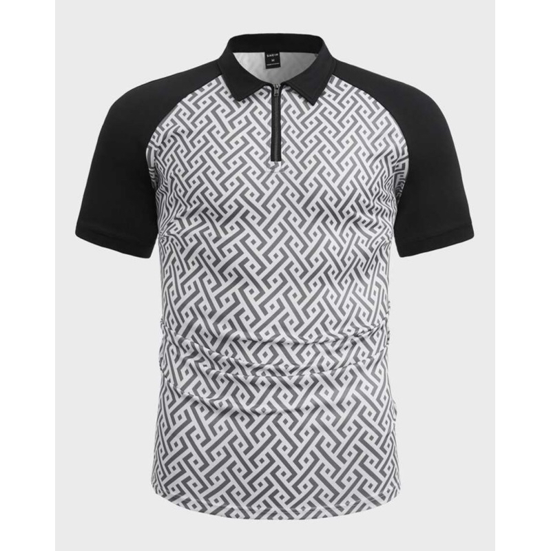 Camisa polo impressão geográfica contraste manga de raglan