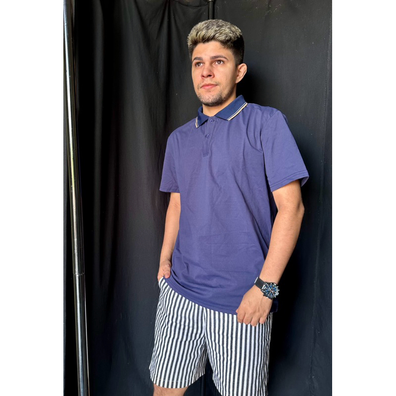 Camisa polo listrada contraste azul marinho