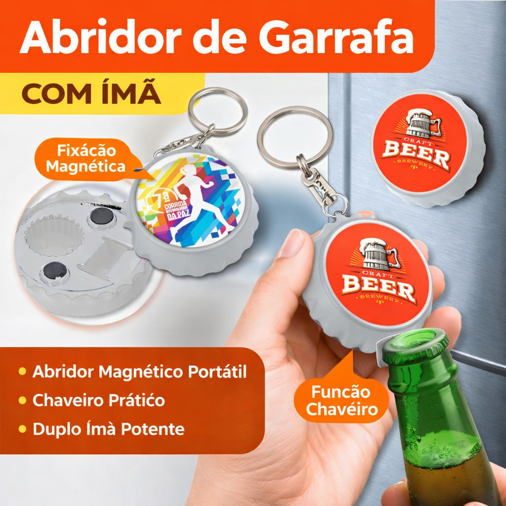 Abridor de Garrafa com Ímã Chaveiro Modelo Tampinha Branco e Preto – Abridor Magnético Portátil