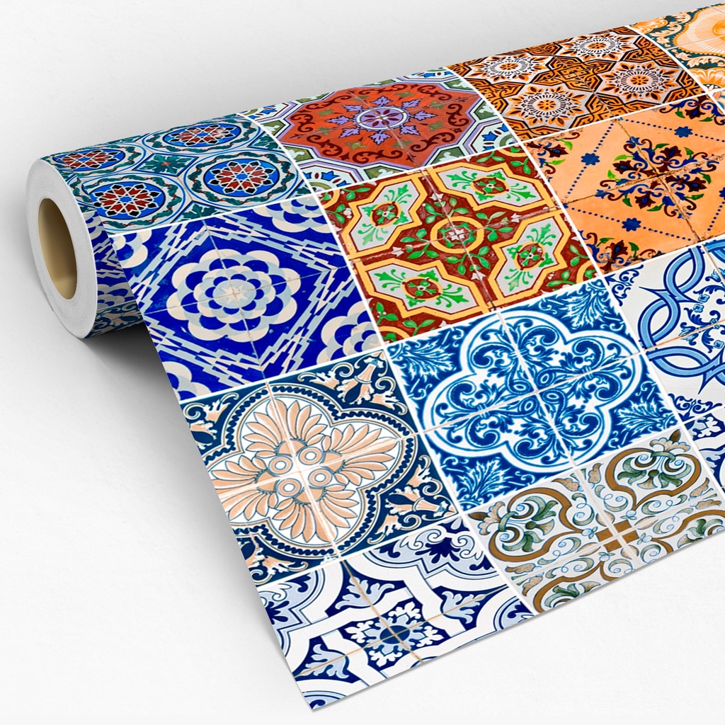 Papel De Parede Para Cozinha Azulejo Ladrilho Retrô Portugal Mosaico Azul Lotus Lavável 3 Metros