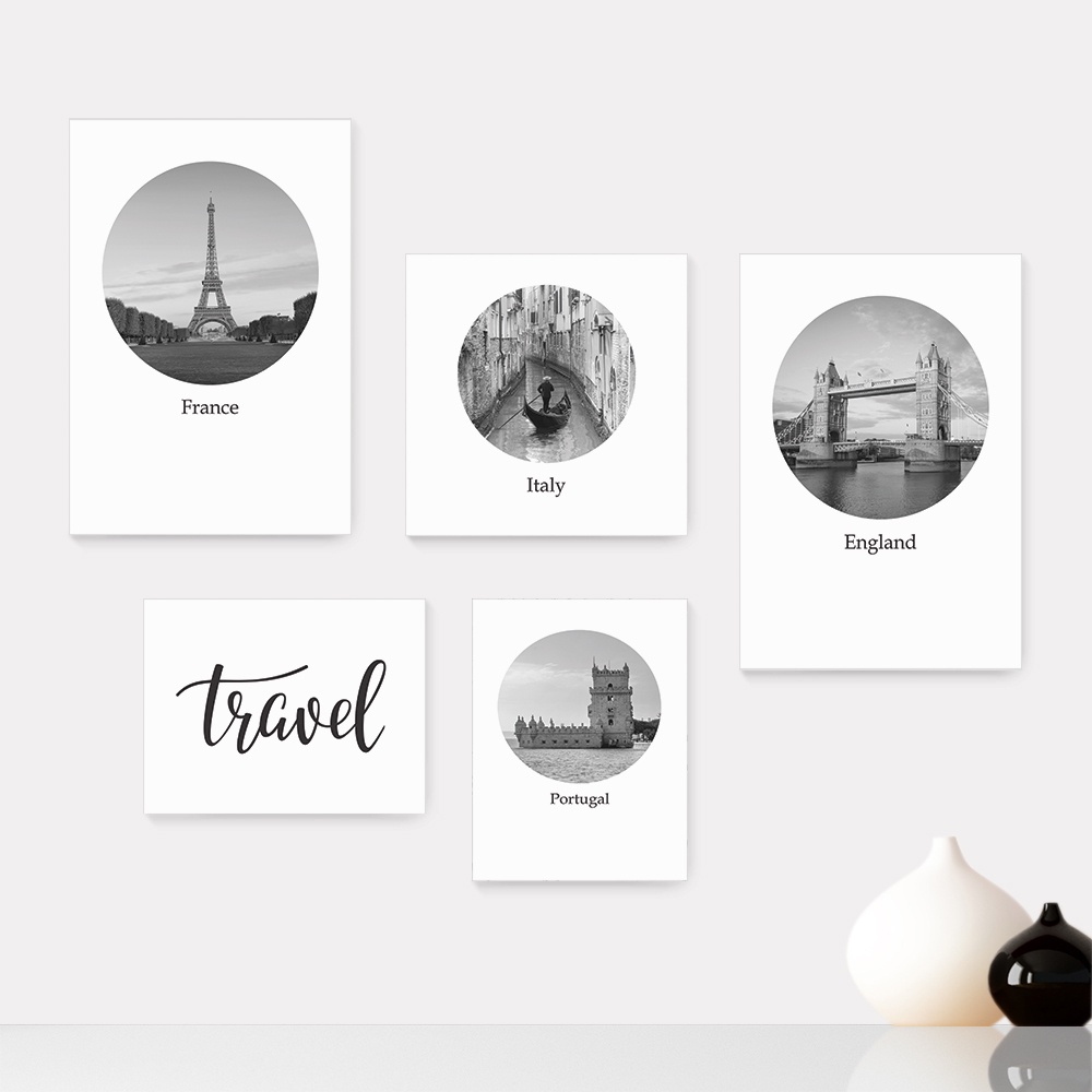 Kit 5 Quadros Decorativos Placas - Mundo Viagem França Portugal Casa Quarto Sala - 024ktpl5