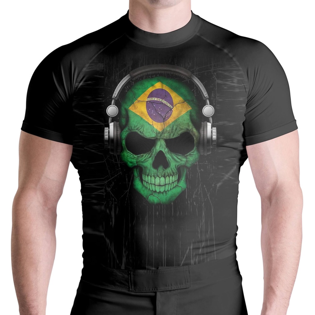 Rash Guard Masculina Camisa Jiu Jitsu No-Gi Skull Brasil Manga Curta