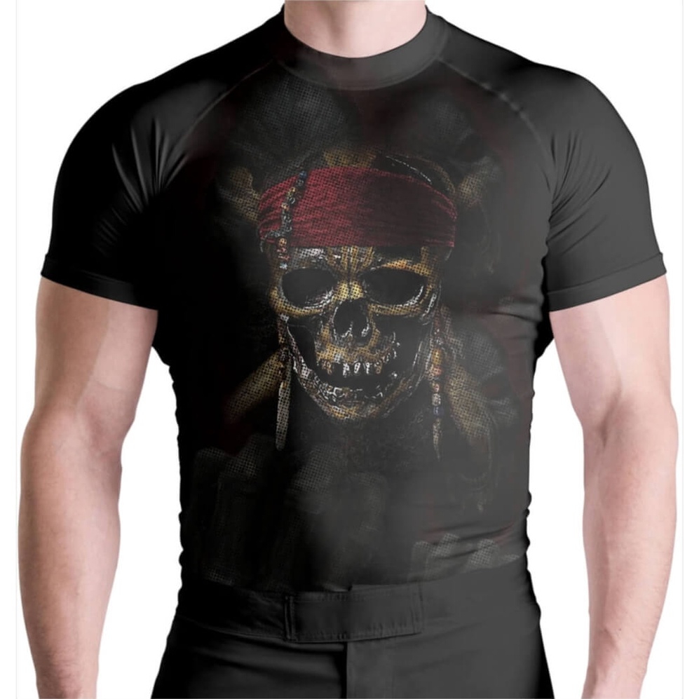 Blusa Compressão Masculina Skull Pirata Manga Curta