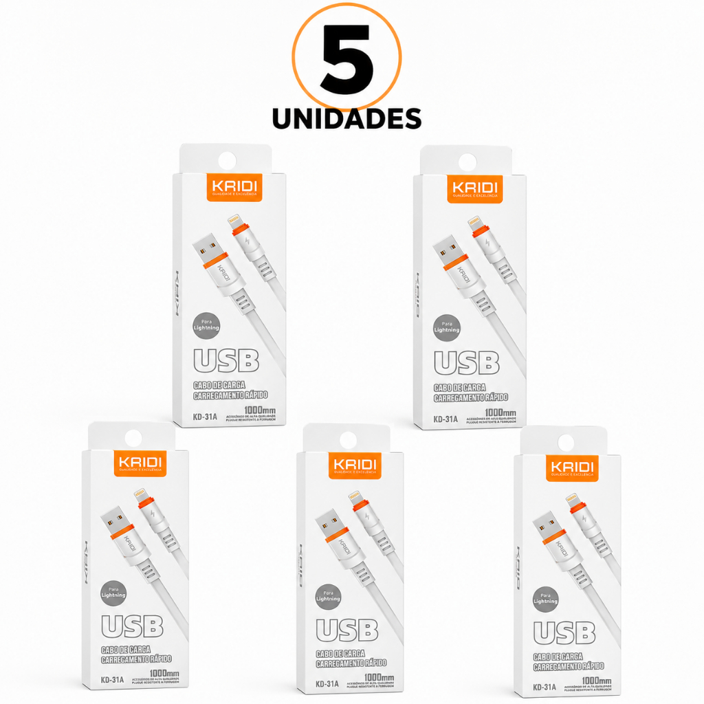 kit 5 Cabo carregador kaidi, Carregamento Rápido micro USB/ IPhone/ Tipo C