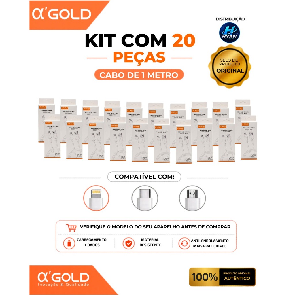 Monte seu kit 20 cabos carregador A'gold Turbo 25W + dados - Tipo-C - Iphone - Micro v8 - Original