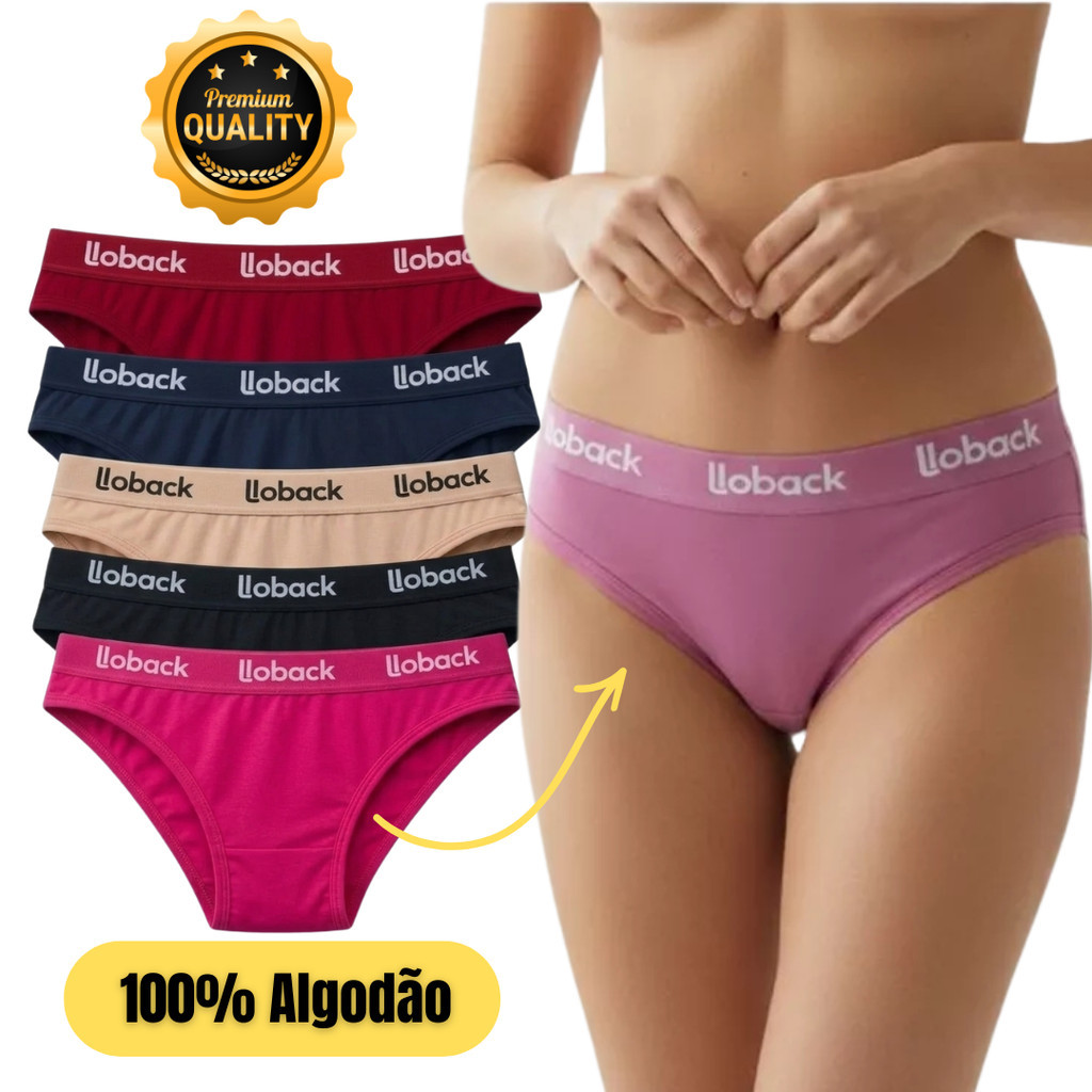 KIT 10 - 5 Calcinhas Femininas 100% Algodão Premium Cotton Com Cós Elastico Exposto Conforto Dia a Dia LOBACK