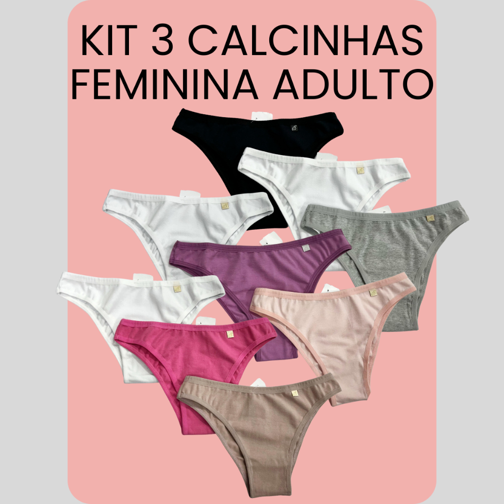 Kit 3 Calcinhas Feminina Adulto Modelo Slin Algodão Premium Cotton 534-K3