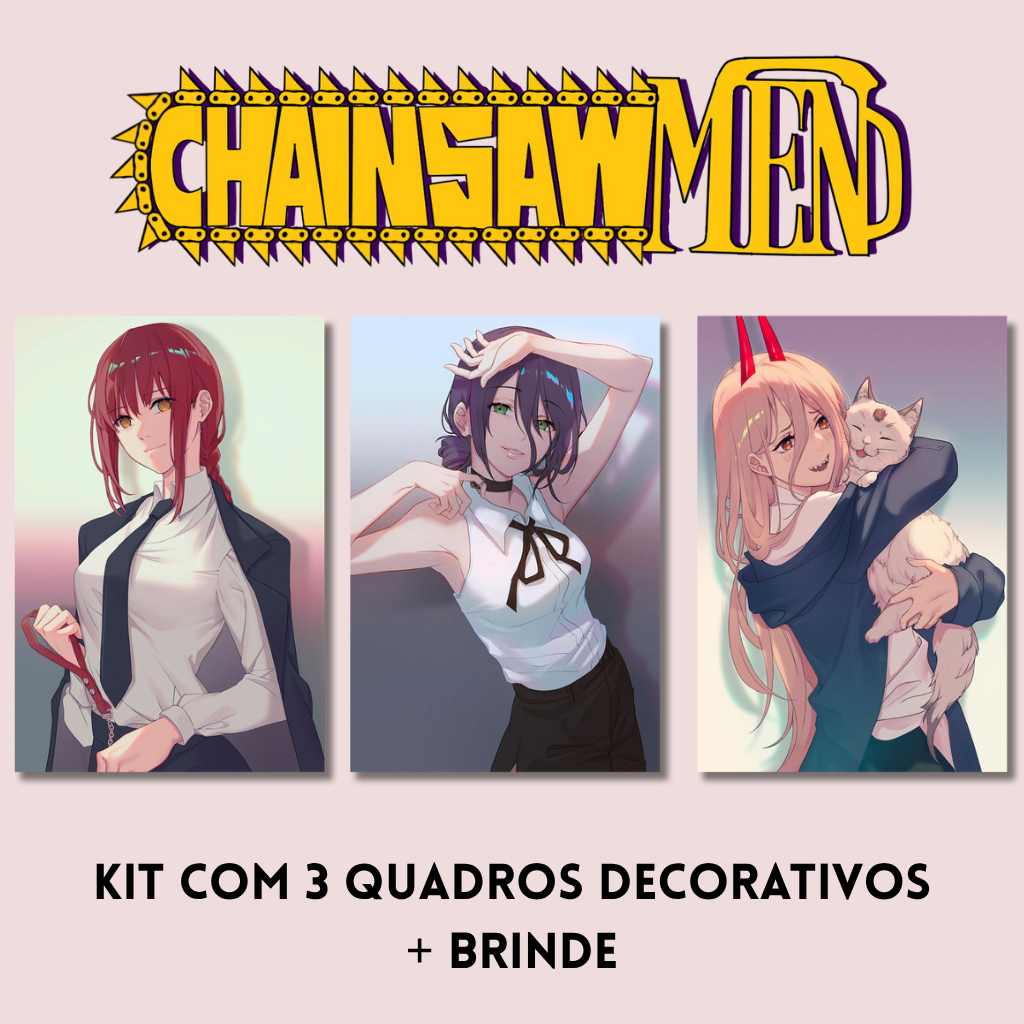 Kit com 3 Quadros Anime Chainsaw Man + Adesivo - Power