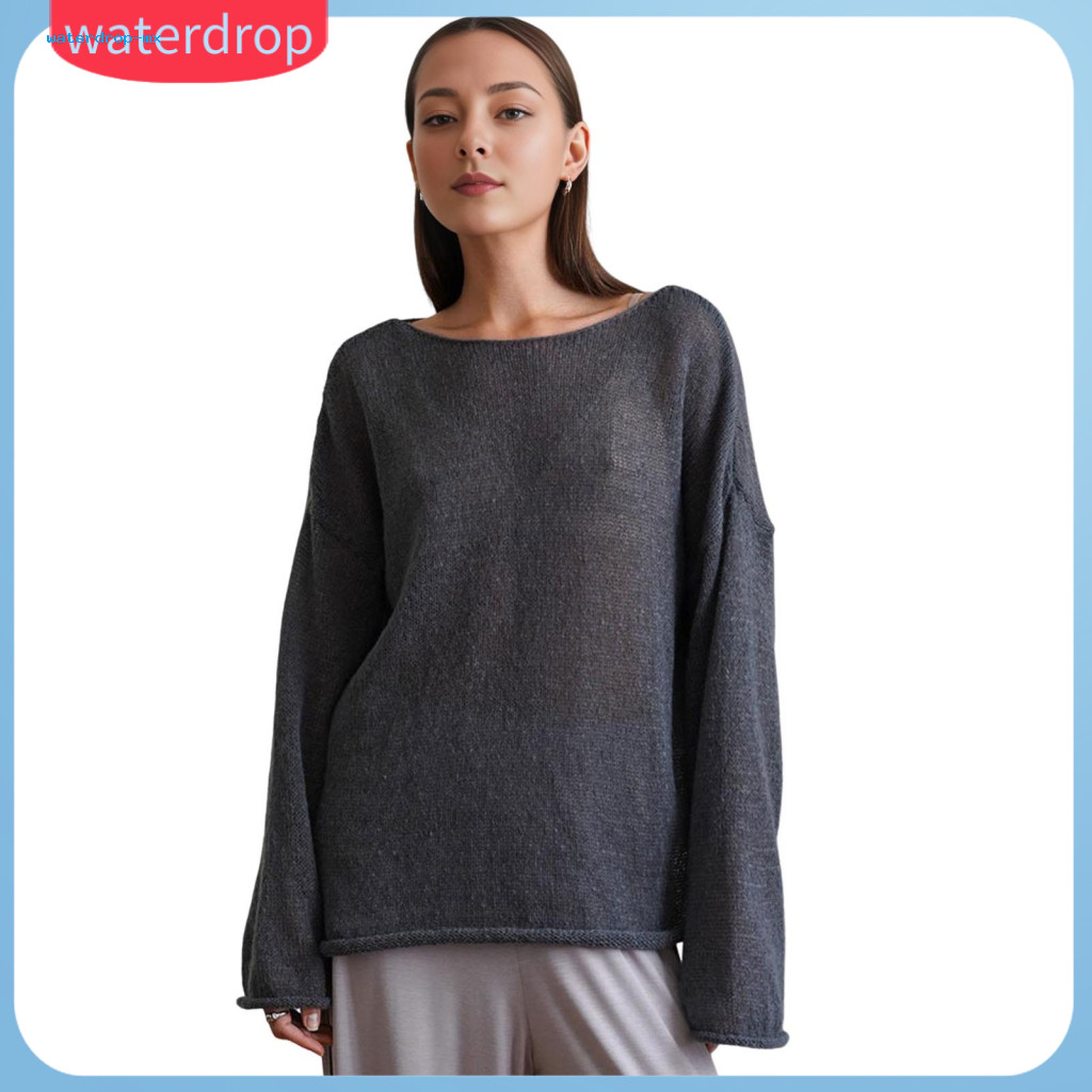 Women’s Hollow Knit Long Sleeve T-shirt Round Neck Flared Lightweight See-through Thin Top Solid Color Loose Fit Tee f
