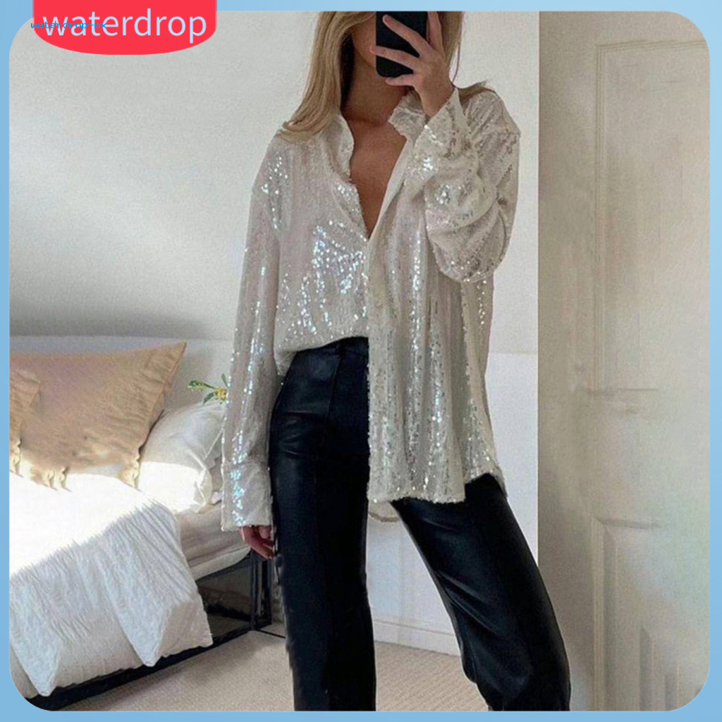 Women’s Sequin Button-down Shirt Long Sleeve Shiny Blouse Loose Fit Top for Work Leisure Wear – Stylish Lapel Design