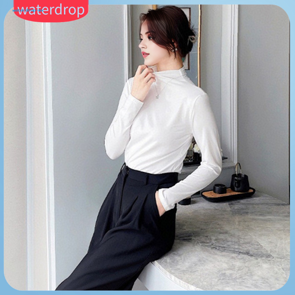 Women’s Long Sleeve Slim Fit Stretchy Top Half-high Collar Solid Color Shirt for Daily Wear and Work – Comfortable B