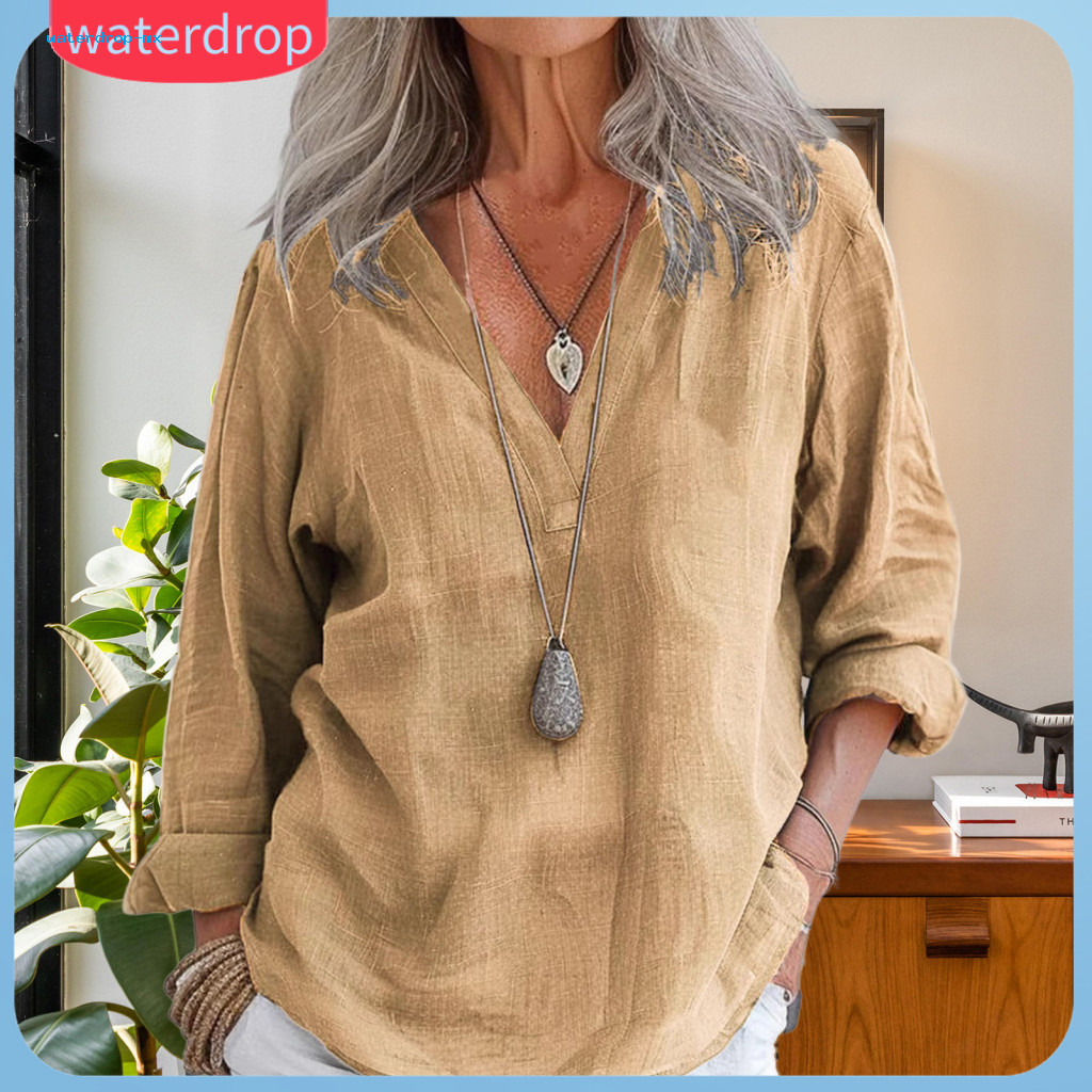 Women’s V-neck Long Sleeve Shirt Loose Fit Solid Color Pullover Top for Work Office Vacation Wear – Comfortable and