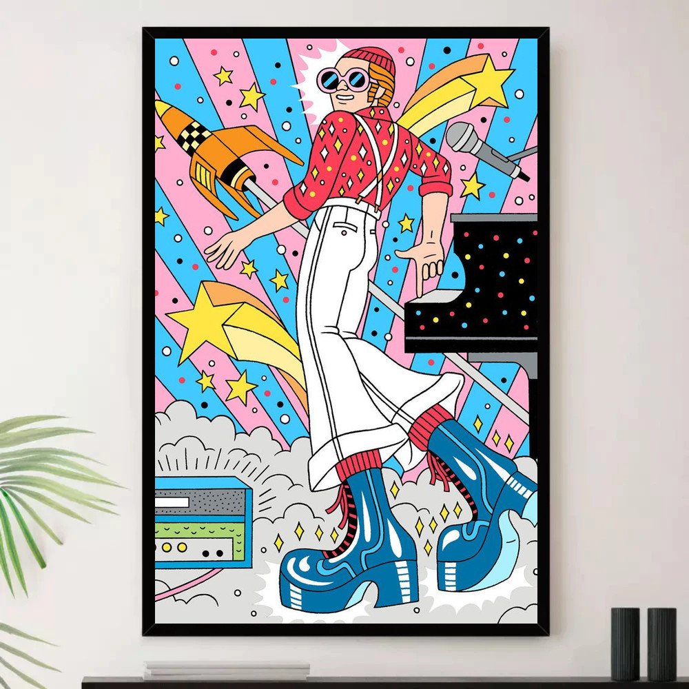Quadro Placa Decorativa Música Internacional Elton John Pop e Dance Pop Álbuns com Moldura