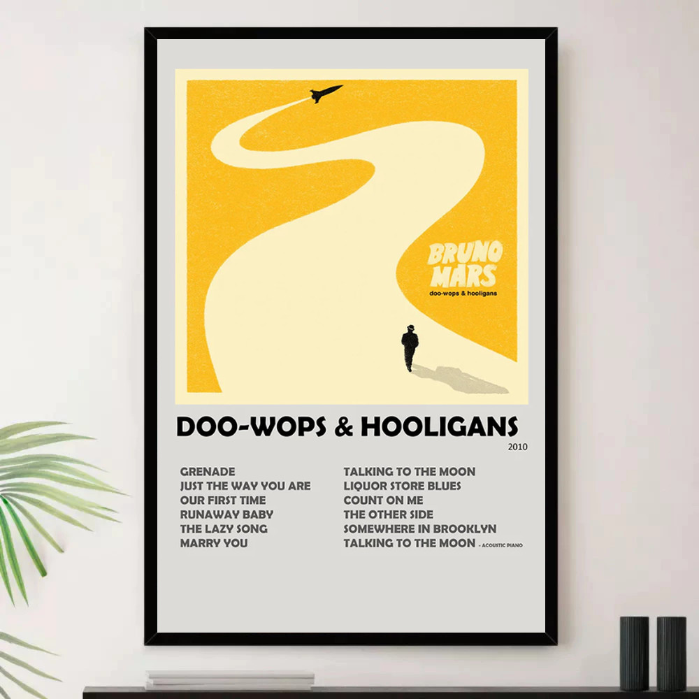 Quadro Placa Decorativa Música Internacional Bruno Mars Pop e Dance Pop Álbuns com Moldura