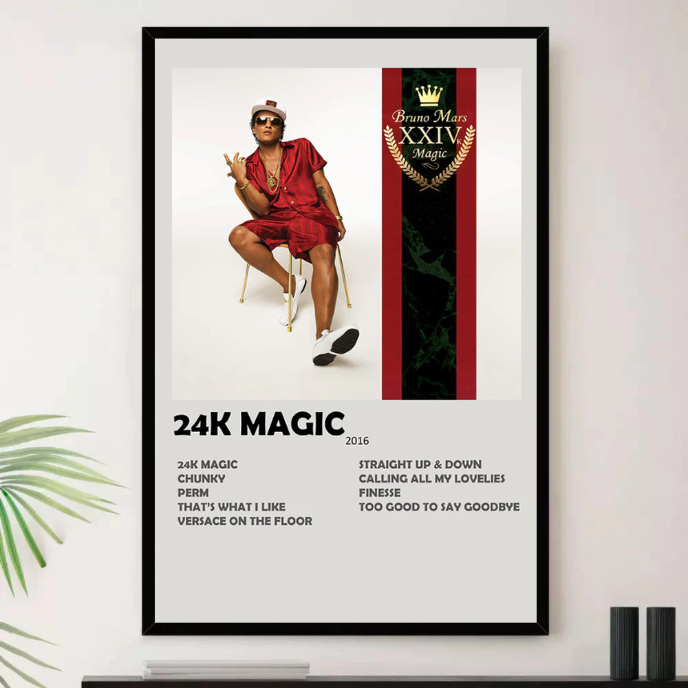Quadro Placa Decorativa Música Internacional Bruno Mars Pop e Dance Pop Álbuns com Moldura