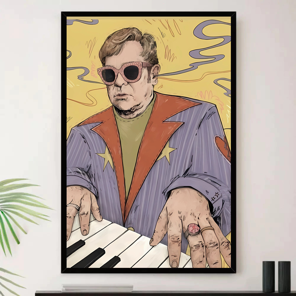 Quadro Placa Decorativa Música Internacional Elton John Pop e Dance Pop Álbuns com Moldura