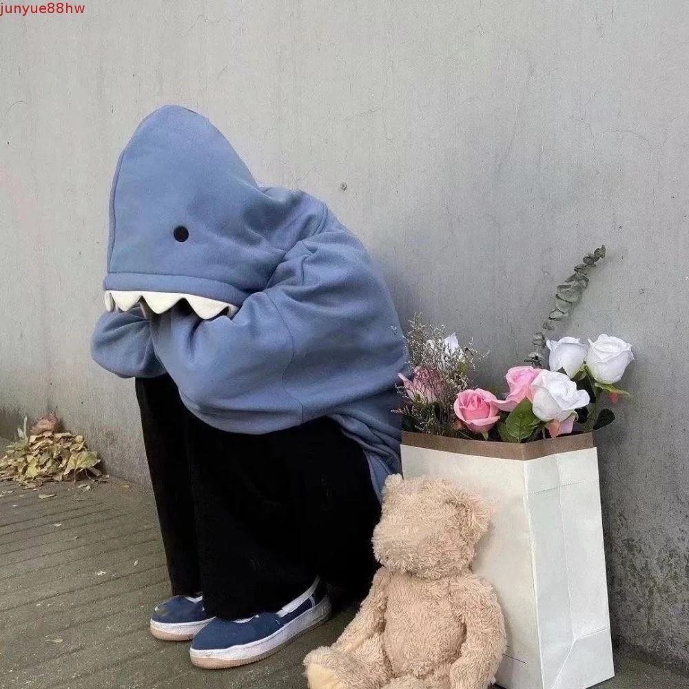 JUNYUE Fleece Shark Hoodies , Moletom Com Capuz De Manga Comprida , Suéter Solto Cordão E Chapéu De Tubarão