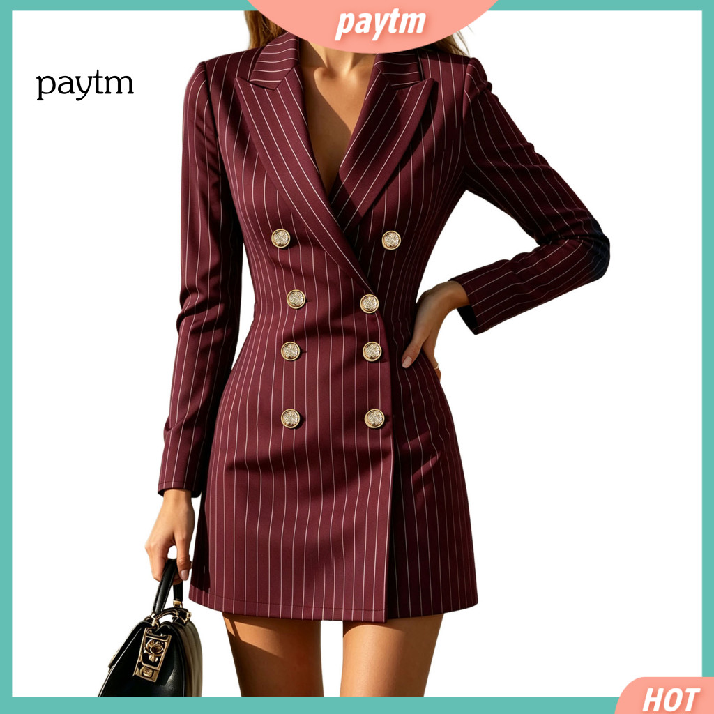 Striped Blazer Dress Bodycon Waist Women’s Double-breasted for Fall Slim Fit Cinched Mini with Lapel Collar Stylish fo