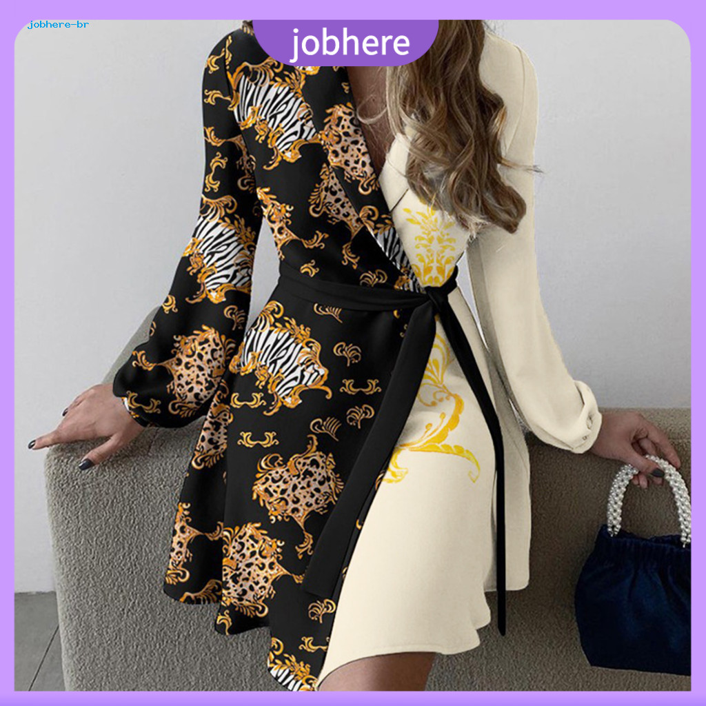 Lace-up Waist Design Dress Women Waist-cinched Spring Fall Tie Lapel V Neck A-line Mini Long Sleeve Color Block Business