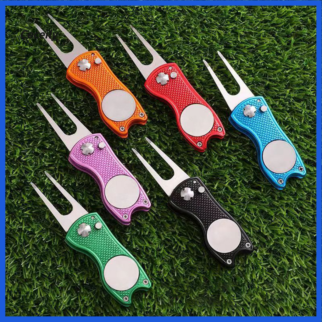 Aluminum Alloy Handle Golf Accessory Green Fork with Magnetic Ball Marker Portable Foldable Divot Repair Tool Compact Pu