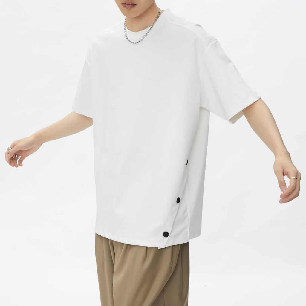 Casual Round Neck Top Men Tee Men's T-shirt with Buttoned Hem Short Sleeve Lightweight Pullover for Home Gym Street Wear