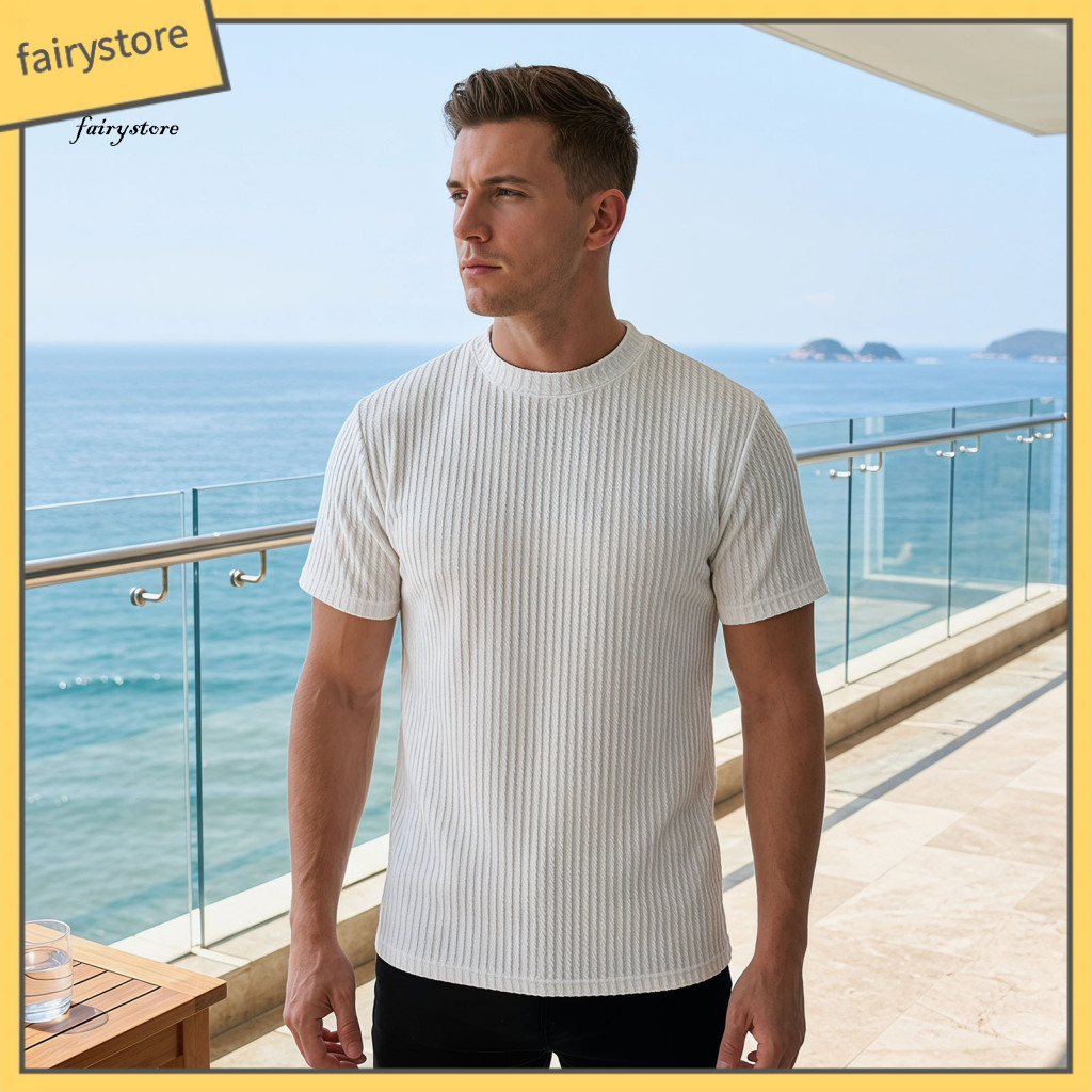 Lightweight Men T-shirt Solid Color Men's Jacquard Striped Crew Neck Loose Fit Casual Summer Tee for Daily Wear Street S