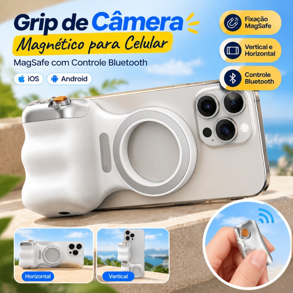 Grip de Câmera Magnético para Celular MagSafe com Controle Bluetooth iOS Android