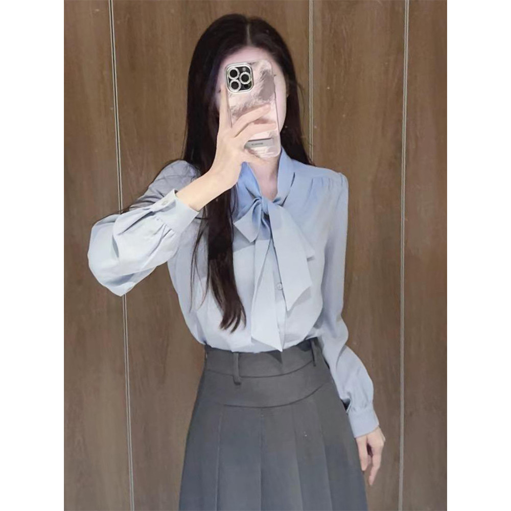 High-End azul arco camisa senhoras roupas de outono profissional entrevista camisa interior em camadas francês manga com